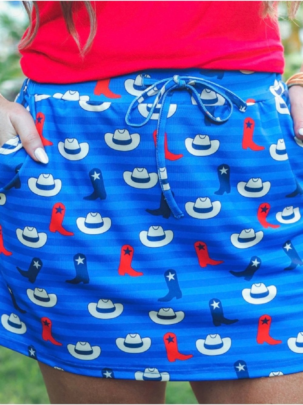 NWT Blue Western Print SKORT with Red & Navy Boots